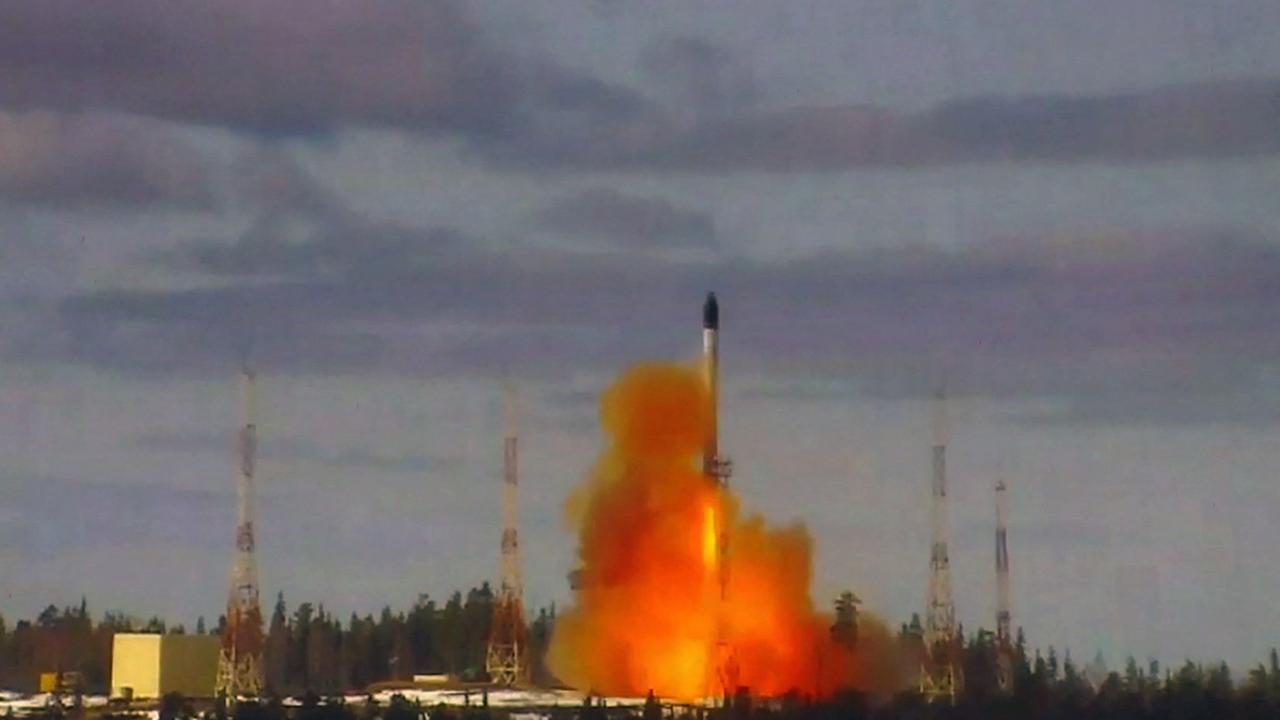 Russia has tested the RS-28 Sarmat intercontinental ballistic missile, with Vladimir Putin claiming it will be ready for combat by the end of the year. Picture: Russian Defence Ministry / AFP