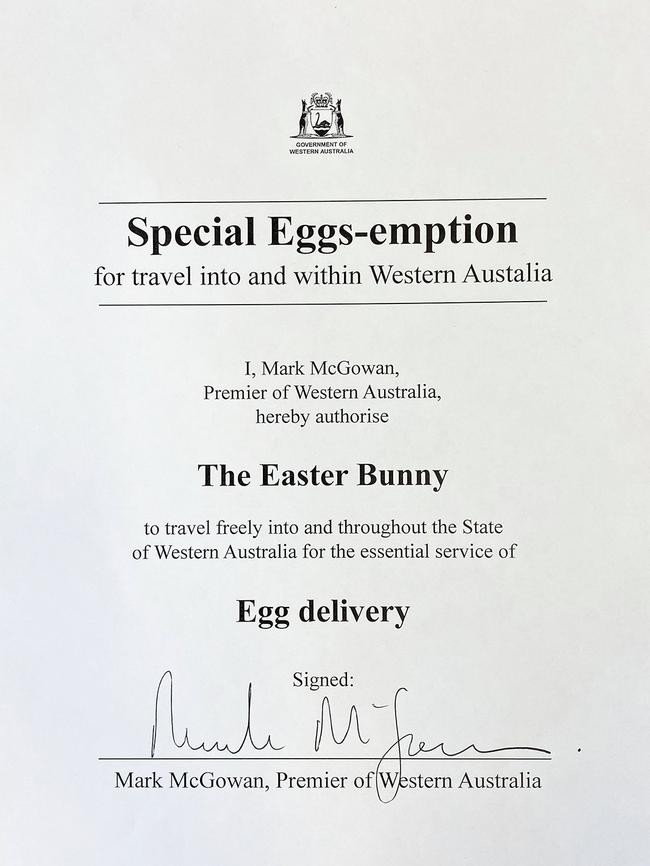 WA Premier Mark McGowan's "egg-semption" to the Easter Bunny. Picture: Supplied