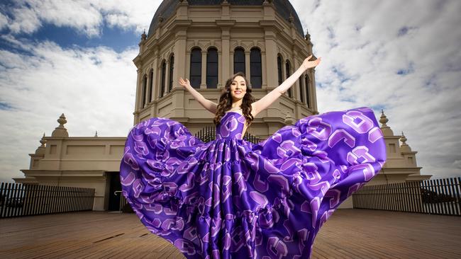 Herald Sun Aria finalist Amelia Wawrzon on the Royal Exhibition Building Dome Promenade, which will reopen to the public in October for the first time in 100 years. Picture: Mark Stewart