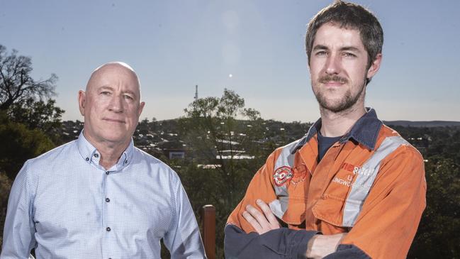 Eddie Hughes MP with his son Liam who works for One Steel at Hummock Hill, Whyalla on Wednesday April 7, 2021. Picture Simon Cross