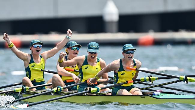 The Australian women’s coxless four celebrate their incredible victory. Picture: Seb Daly/Sportsfile via Getty Images