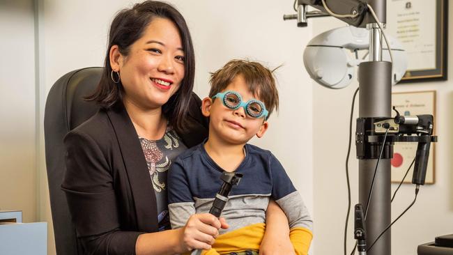 Optometrist Sophie Koh and her son Rupert, (5yrs). Picture: Jake Nowakowski