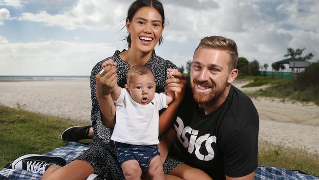 Cartwright with partner Shanelle and son Koa at Currumbin. (Glenn Hampson)