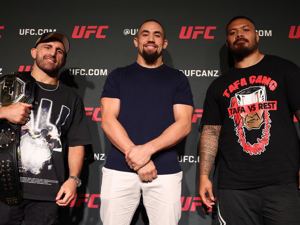 Alex Volkanovski (L), Whittaker (C) and Justin Tafa (R) are all in action at UFC 298. Picture: Mark Metcalfe/Zuffa LLC via Getty Images