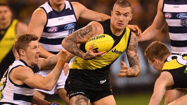 Dustin Martin broke plenty of tackles on Friday night. Picture: AAP Images