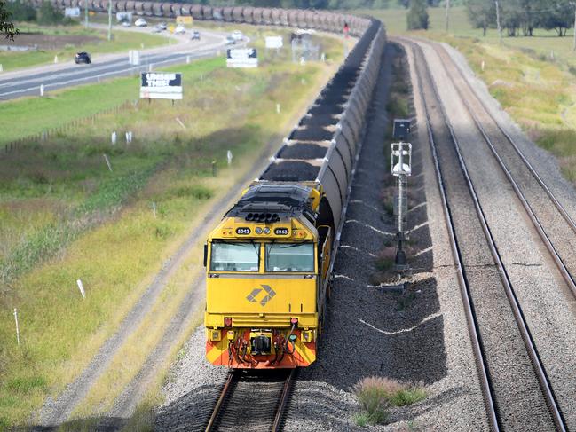 A loaded coal train on the outskirts of Singleton, in the NSW Hunter Valley. Picture: AAP