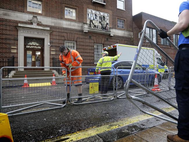 Barriers are erected outside the Lindo Wing of St. Mary's Hospital in Paddington, London on Monday April 9. Picture: AP Photo/Kirsty Wigglesworth.