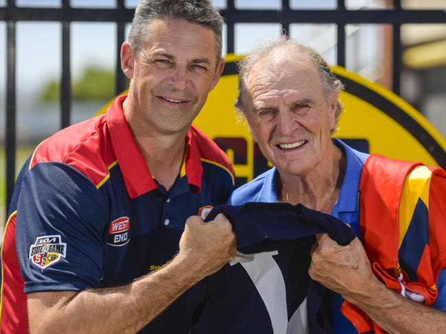 FEBRUARY 21  2024 SANFL State coach Jade Rawlings and Glenelg and State legend Graham Cornes at Glenelg Oval to promote the ground being named as the venue for this year's SA-Vic State League footy gamePic Roy VanDerVegt