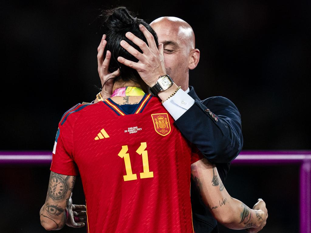 Royal Spanish Football Federation President Luis Rubiales kissed Jennifer Hermoso during the medal ceremony of FIFA Women's World Cup. Picture: Noemi Llamas/Eurasia Sport Images/Getty Images.