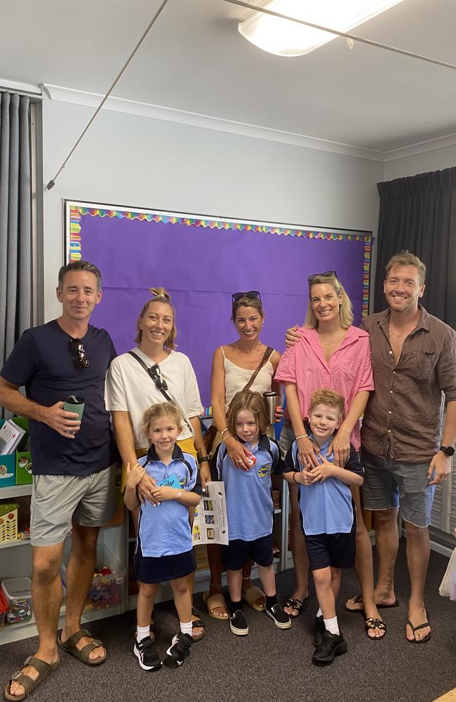 Sarah, Archie and Marti De Boer with Ciara, Jack, and Andrew Greer and Ricki and Sailor Schefe ahead of the first day of school at Coolum State School in 2023. Picture: Eddie Franklin