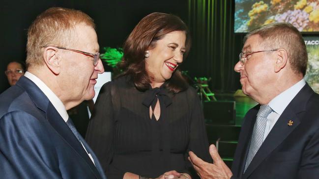 Premier Annastacia Palaszczuk with IOC President Thomas Bach and Australian Olympic chief John Coates on the Gold Coast. 