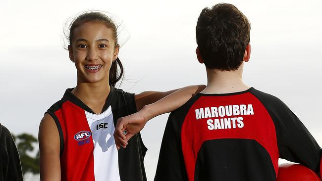 Sienna Reiners, 12, is the only girl in the mixed under 13s division one side at Maroubra Sainst AFLC. Picture: John Appleyard