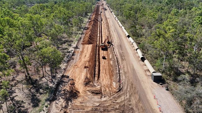 Glass reinforced polymer pipes being laid south of Townsville for stage two of the Haughton Pipeline. Picture: Supplied.