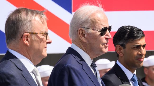 SAN DIEGO, CALIFORNIA - MARCH 13: Australian Prime Minister Anthony Albanese (L), US President Joe Biden (C) and British Prime Minister Rishi Sunak (R) hold a press conference after a trilateral meeting during the AUKUS summit on March 13, 2023 in San Diego, California. President Biden hosts British Prime Minister Rishi Sunak and Australian Prime Minister Anthony Albanese in San Diego for an AUKUS meeting to discuss the procurement of nuclear-powered submarines under a pact between the three nations. (Photo by Leon Neal/Getty Images)