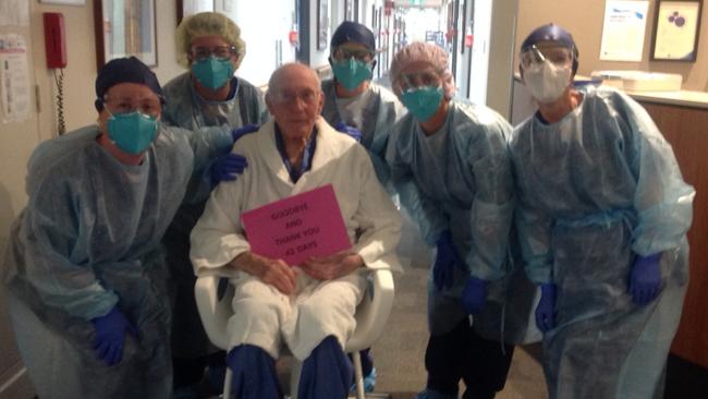 Roy Bartlett, 100, leaving St Vincent's Private Hospital after six weeks recovering from coronavirus. Picture: Supplied