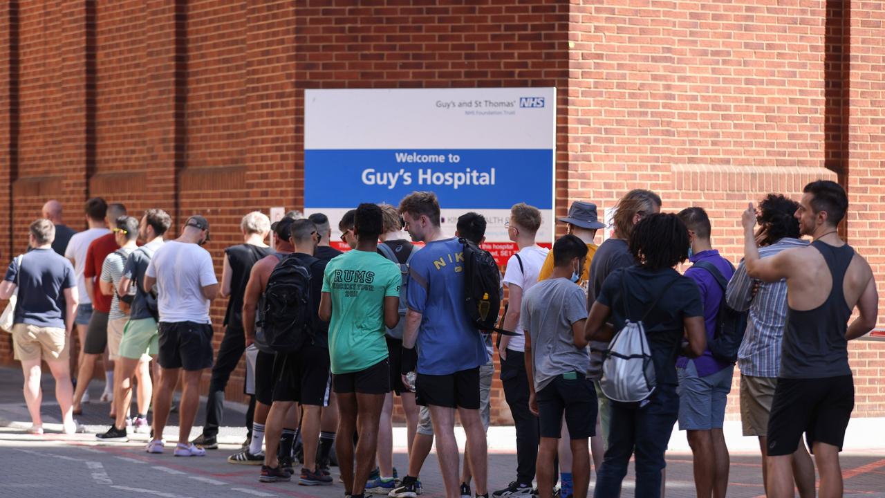 People line up to receive monkeypox vaccinations at Guys Hospital in London, England. Picture: Getty Images