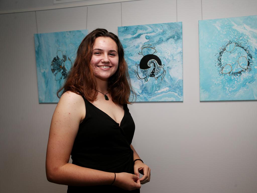 Crystalbrook's Bailey Hotel hosting its opening party in Cairns. Redlynch State College Year 10 student with her art works on display in the hotel. PICTURE: STEWART MCLEAN