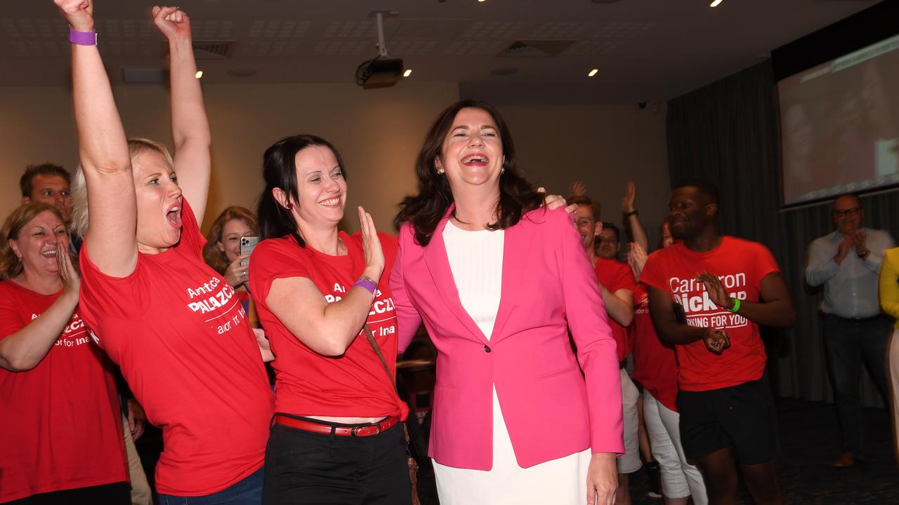 BRISBANE, AUSTRALIA - NewsWire Photos - OCTOBER 31, 2020. Queensland Premier Annastacia Palaszczuk (right) celebrates her state election win with her sisters Julie (left) and Nadia during Labor's election night function at the Blue Fin Fishing Club in Inala. Picture: NCA NewsWire / Dan Peled