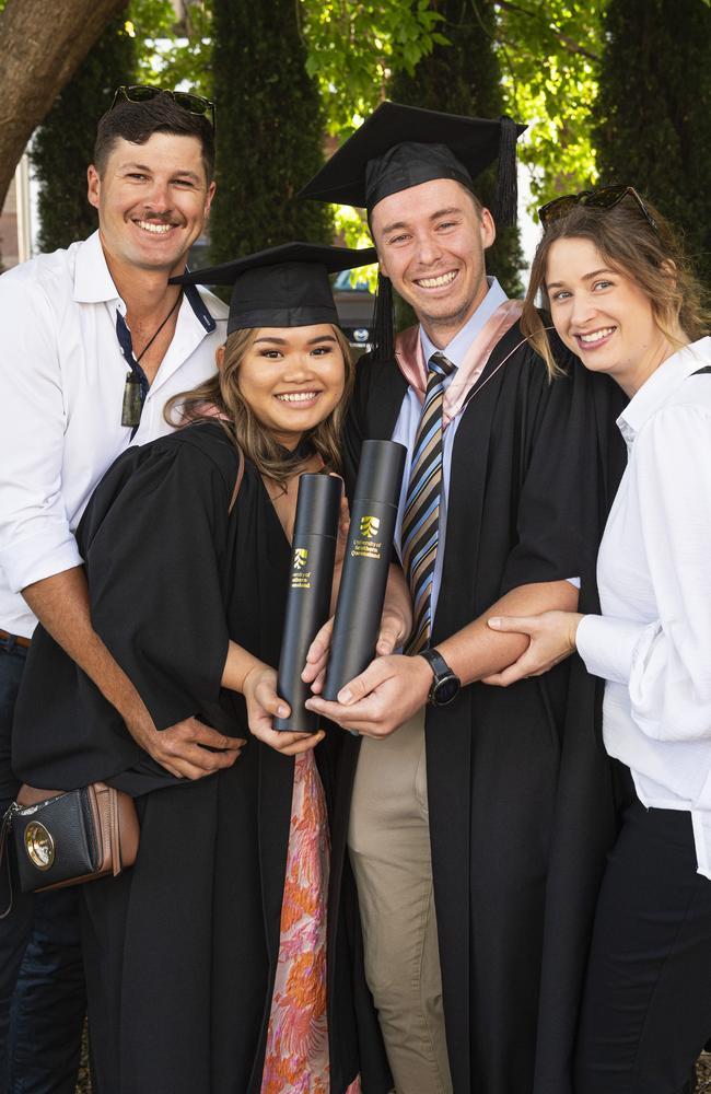 Bachelor of Education (Secondary) graduate Blazel Busiko and Master of Education (Guidance and Counselling) graduate Cody Grubb celebrate with Harry Busiko and Zoe Grubb at a UniSQ graduation ceremony at The Empire, Tuesday, October 29, 2024. Picture: Kevin Farmer