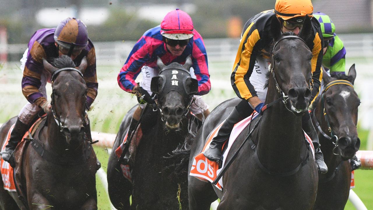 Jockey Jordan Childs rides Nonconformist to victory at Caulfield in February.