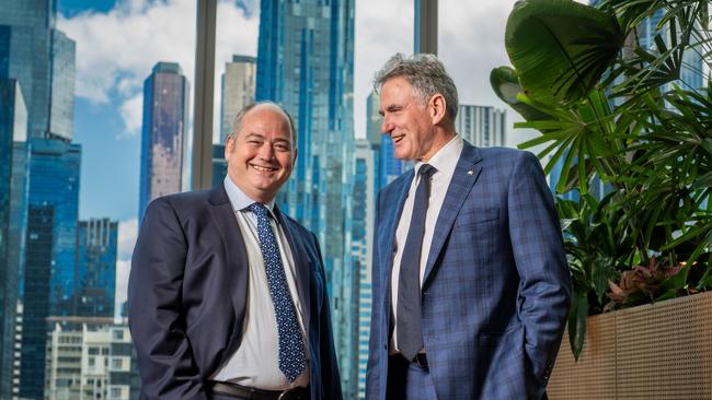 NAB’s new CEO Andrew Irvine with outgoing boss Ross McEwan. Picture: Eamon Gallagher