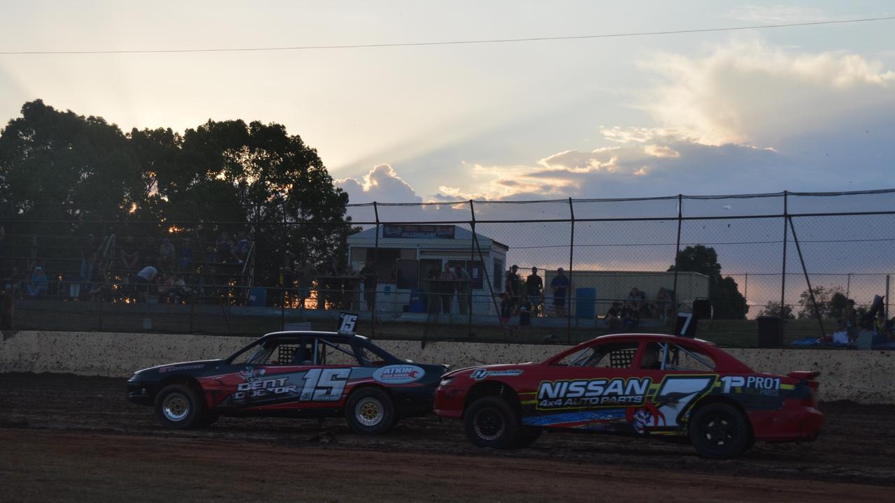 Tim Atkin and Steve Jordan race in the modified sedans at the Kingaroy Speedway on Saturday, November 16. (Photo: Jessica McGrath/ South Burnett Times)