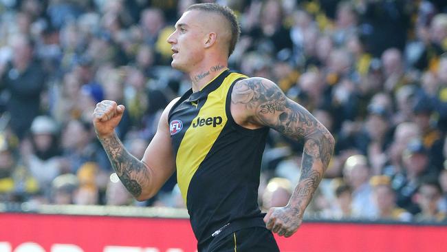 Dustin Martin celebrates after kicking a goal. Picture: George Salpigtidis