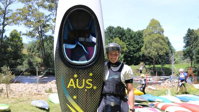 17-year-old Freja Boocock and the canoe she brought from Olympian Jess Fox at the 2025 national age championships at Forth. Picture: Elise Kaine