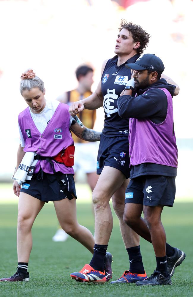 Charlie Curnow of the Blues was down in pain and taken off by the doctors on Sunday. Picture: Mark Stewart