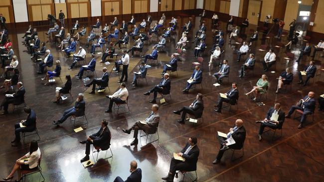 The Coalition’s socially distanced joint partyroom meeting in the Great Hall at Parliament House on Tuesday. Picture: Sean Davey