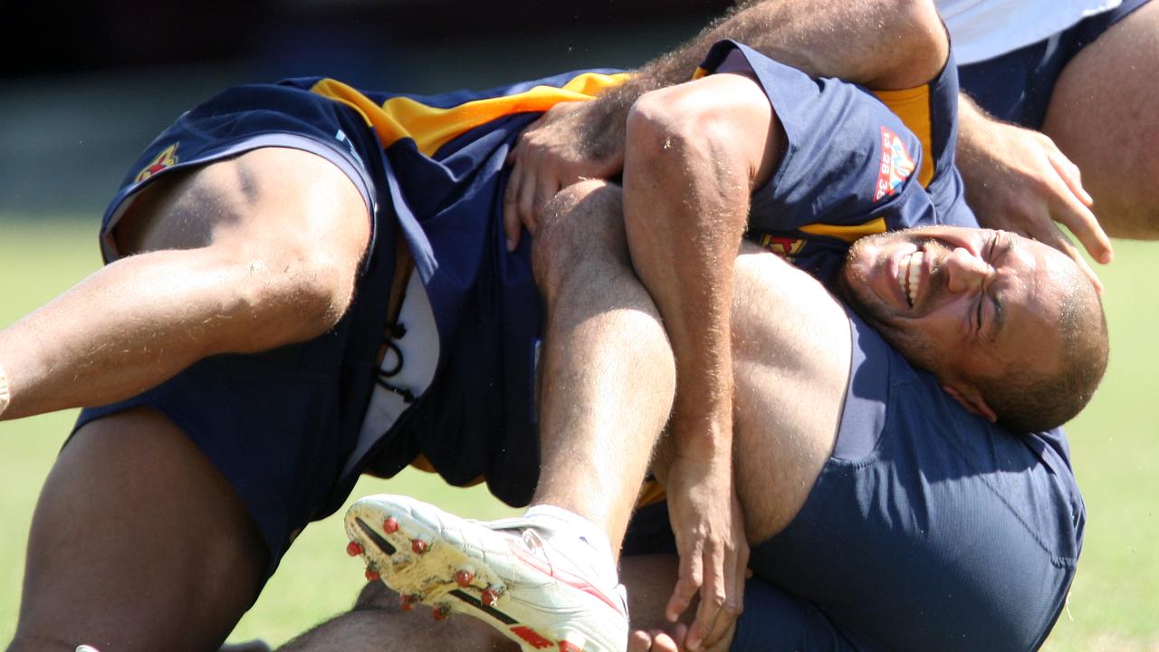 Symonds getting stuck in at Brisbane Broncos training – as he pondered a code switch.