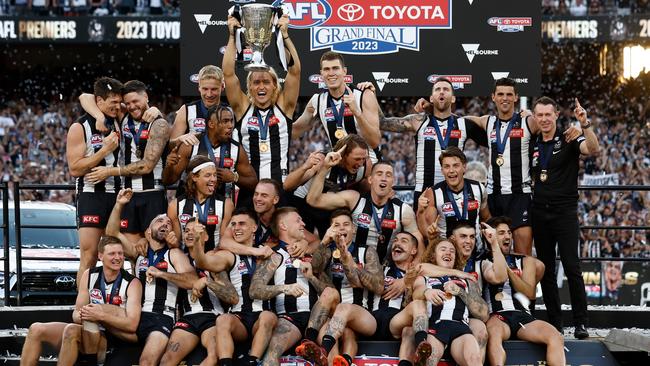 MELBOURNE, AUSTRALIA - SEPTEMBER 30: The Magpies celebrate during the 2023 AFL Grand Final match between the Collingwood Magpies and the Brisbane Lions at the Melbourne Cricket Ground on September 30, 2023 in Melbourne, Australia. (Photo by Michael Willson/AFL Photos via Getty Images)