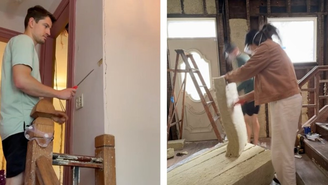 Recently, they began installing insulation in the property, which Bidlen describes as a “satisfying” project. (Picture: TikTok/Becky Bidlen)