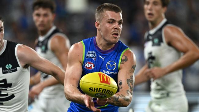 Dynamic North Melbourne forward Cam Zurhaar could miss the Kangaroos’ crunch match against Hawthorn as he continues to battle calf tightness. Picture: Quinn Rooney / Getty Images