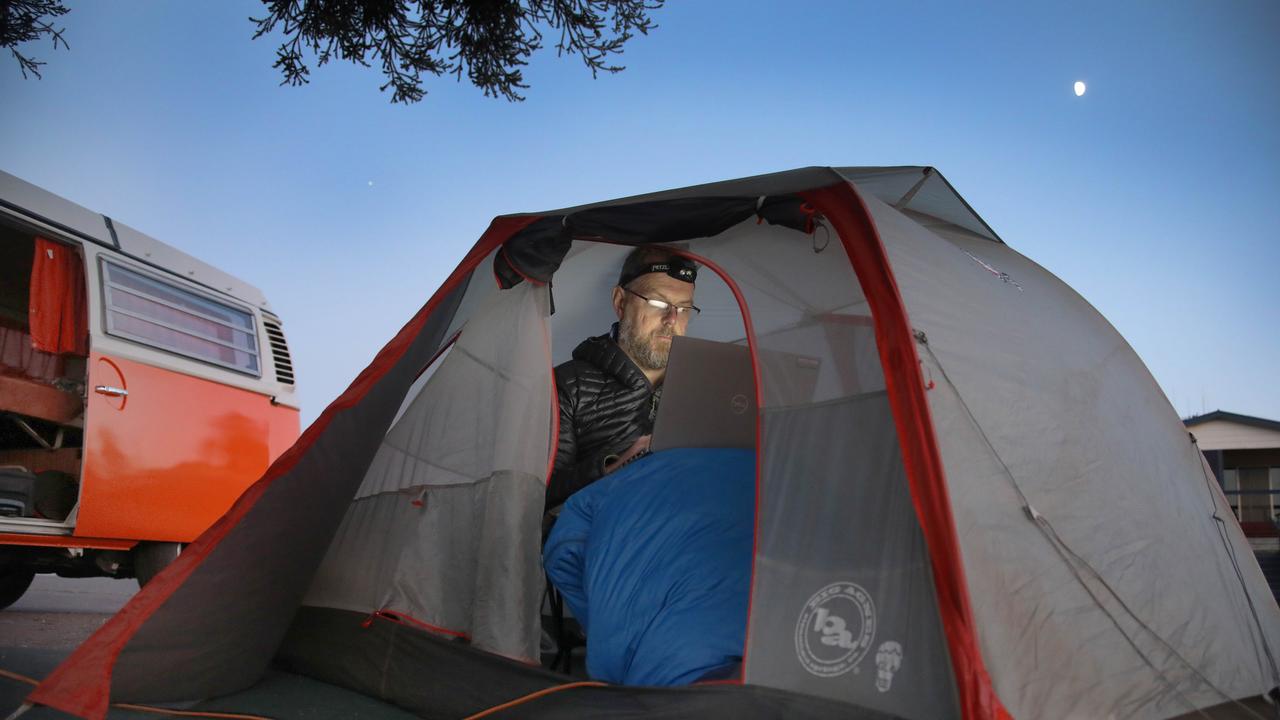 The Voice Van in Whyalla – Camped at the Foreshore Caravan Park, Paul finds a quiet early morning moment to knock out a few pars, before heading into town, to gauge local opinion on the upcoming Voice referendum. Picture: Dean Martin