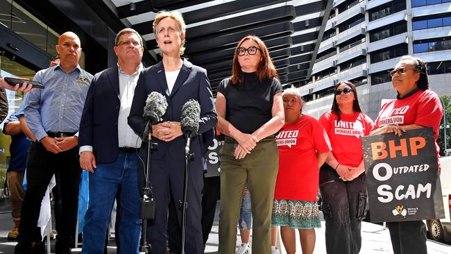 ACTU Secretary Sally McManus and labour hire workers address the media in Brisbane on Monday. Picture: NewsWire / John Gass