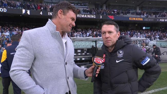 Craig McRae had to stop the interview. Photo: Fox Sports