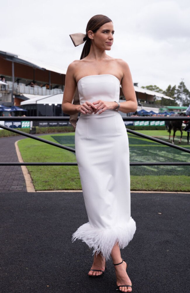 Model Tahnee Atkinson accented her simple gown with a feather trim. Picture: Wendell Teodoro/Getty Images for ATC.