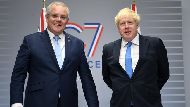 British Prime Minister Boris Johnson meets Australian Prime Minister Scott Morrison for their bilateral talks during the G7 Summit last year in Biarritz, France.