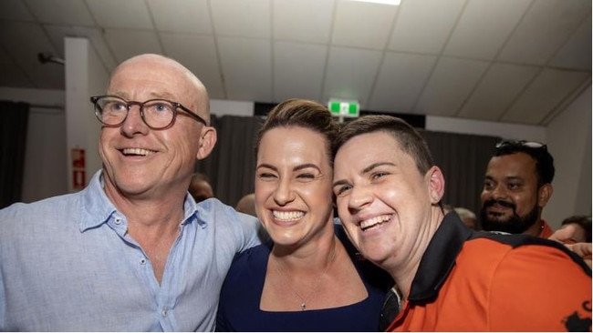 Lia Finocchiaro and Alyson Hannam with LNP campaign media adviser Nigel Blunden, who was never going to stay in the Territory.