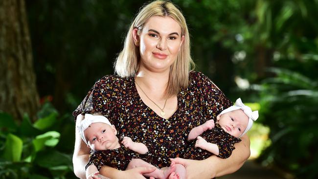 Emma Pesl with her 10 week old twins Ariella and Amerah Annetts, celebrate multiple births week. Picture: Shae Beplate.