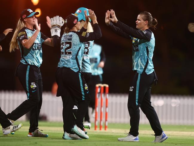 Jess Jonassen and her Brisbane Heat teammates hope to be celebrating an historic grand final win today. (Photo by Chris Hyde/Getty Images)