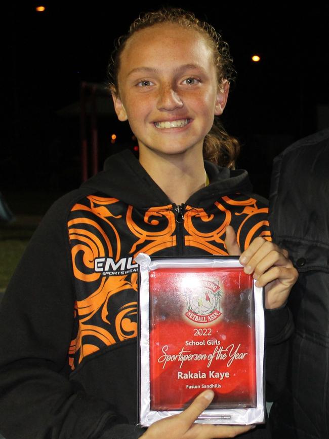 Rakaia Kaye was named School Girls Sportsperson of the Year for a person aged 12 and BNA's Division 7 Attacker of the Year.