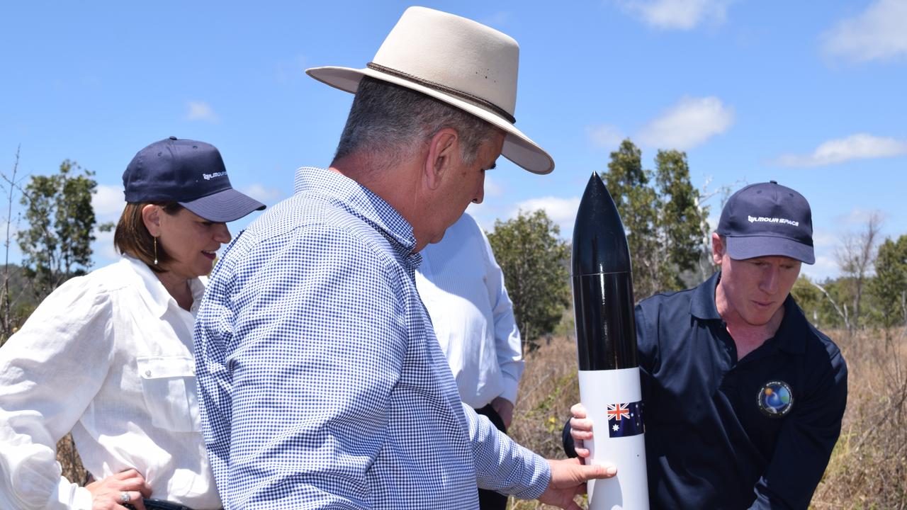 (From left) LNP Leader Deb Frecklington, Burdekin MP Dale Last and Gilmour Space Technologies co-founder and CEO Adam Gilmour announce a $15 million election commitment to build a rocket launch site near Abbot Point. Photo: Elyse Wurm