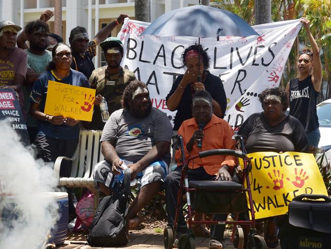 Geoffrey Jungarrayi Barnes, a relative of Kumanjayi Walker, speaks during a rally in Darwin. Picture: AAP