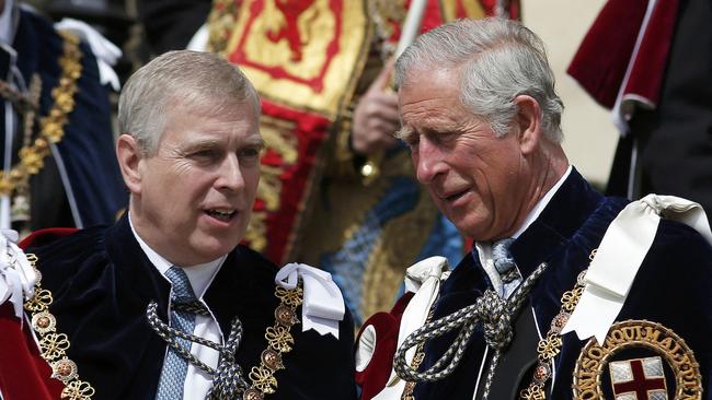 Prince Andrew and King Charles attend the Most Noble Order of the Garter Ceremony at Windsor Castle in 2015.