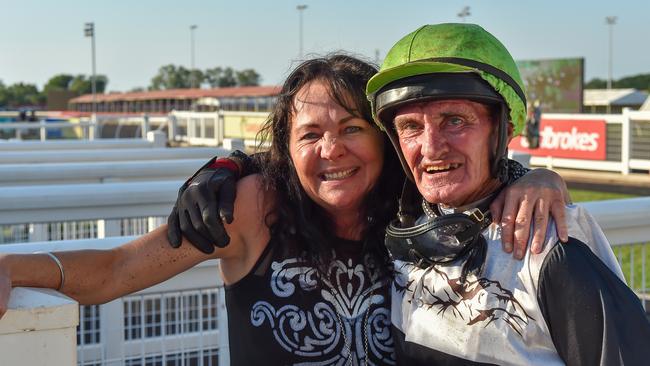 Trainer Kerry Petrick with jockey Paul Denton after winning the 2023 Darwin Derby with Anphina. Picture: Caroline Camilleri