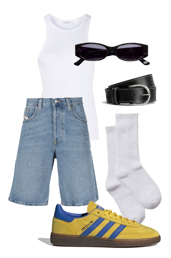 <h3><b>For a hot summer&rsquo;s day</b></h3><p>When it&rsquo;s too balmy to think, let the jorts do the heavy lifting. A white tank and a belt is all you&rsquo;ll need to look put-together on those 25-plus days, and inject some playfulness with a pair of colourful sneakers. Too-cool-for-school sunglasses will seal it all together.</p><p><b>SHOP NOW: </b>Diesel knee-length wide denim shorts, $194 (originally $216) from <a href="https://www.farfetch.com/au/shopping/men/diesel-knee-length-wide-denim-shorts-item-18718180.aspx?" rel="nofollow noopener" target="_blank"><b>Farfetch</b></a></p><p><b>SHOP NOW: </b>Handball Spezial shoes, $170 from <a href="https://www.adidas.com.au/handball-spezial-shoes/FV1226.html" rel="nofollow noopener" target="_blank"><b>Adidas</b></a></p><p><b>SHOP NOW: </b>Club House crew sock, $9.99 from <a href="https://cottonon.com/AU/club-house-crew-sock/9359197803033.html?" rel="nofollow noopener" target="_blank"><b>Cotton On</b></a></p><p><b>SHOP NOW: </b>Anine Bing Eva organic cotton tank top, $115 from <a href="https://www.farfetch.com/au/shopping/women/anine-bing-eva-organic-cotton-tank-top-item-16057553.aspx" rel="nofollow noopener" target="_blank"><b>Farfetch</b></a></p><p><b>SHOP NOW: </b>Machina sunglasses, $210 from <a href="https://www.theiconic.com.au/machina-1949344.html" rel="nofollow noopener" target="_blank"><b>The Iconic</b></a></p><p><b>SHOP NOW: </b>The Maya belt in silver, $139 from <a href="https://thelair.com.au/collections/belts/products/the-lair-maya-belt-silver" rel="nofollow noopener" target="_blank"><b>The Lair</b></a></p>