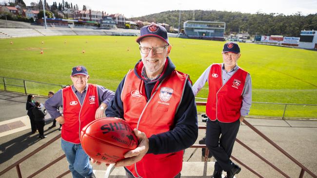 Volunteers Paul Curtain. Rick Tipping and Neville Howlett. North Hobart Oval will be used as a pilot venue for an easing of crowd restrictions from 500 to 1250. Picture: RICHARD JUPE