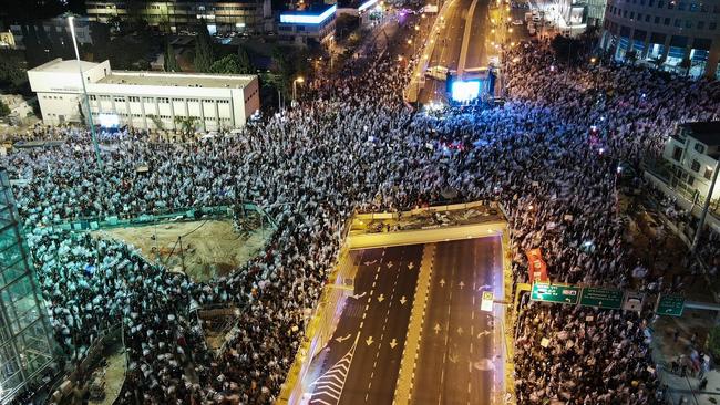 Aerial picture shows a protest against the Israeli government's controversial judicial reform bill in Tel Aviv.